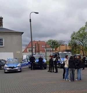 Zdjęcie policjantów i radiowozów prezentowanych na placu.