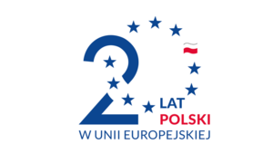 plakat do komunikatu na którym widać na białym tle cyfrę 2 oraz cyfrę 0 ułożoną z gwiazdek wśród których jest flaga polski a pod spodem napis 20 lat Polski w Unii Europejskiej