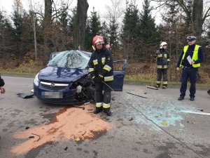 Dachowanie w miejscowości Mareza policjant i strażacy obok samochodu.