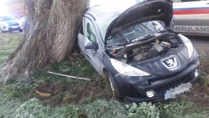 Zdjęcie maski samochodu marki peugeot który uderzył w drzewo w miejscowości Nowy Dwór.