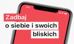 zdjęcie poglądowe promujące aplikację kwarantanna domową czerwono czarny telefon a na nim napis zadbaj o siebie i swoich bliskich