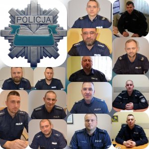 zdjęcie składające się z 15 małych zdjęć z wizerunkami dzielnicowych i jednym zdjęciem odznaki policyjnej
