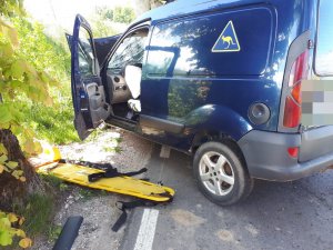 zdjęcie z miejsca wypadku, widać na nim niebieski samochód renault kangoo z rozbitym przodem stojący na poboczu po lewej stronie widać fragment drzewa a pomiędzy nim a autem żółta deska ortopedyczna.
