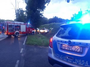 na zdjęciu po prawej stronie widać radiowóz z włączoną sygnalizacją świetlną po lewej stronie wóz strażacki obok niego w rowie rozbity samochód