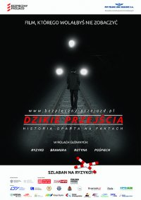 plakat czarno biały do akcji Bezpieczny przejazd Szlaban na ryzyko, na plakacie widać mężczyznę idącego po torowisku a za nim jadący pociąg z włączonymi światłami czerwony napis na środku dzikie przejścia
