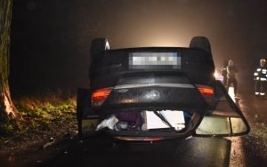 zdjęcie auta leżącego na dachu za kierownicą którego siedziała kobieta 26 letnia kobieta,która chcąc uniknąć zderzenia ze zwierzęciem uderzyła w drzewo a następnie dachowała. Po prawej stronie stoi grupa strażaków .