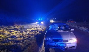 zdjęcie zrobione na miejscu wypadku, widać na nim samochód audi w jasnym kolorze z widocznymi uszkodzeniami powypadkowymi między innymi uszkodzona maska i przednia szyba samochodu. W tle widać radiowóz z włączonymi światłami błyskowymi po lewej stronie na poboczu leży uszkodzony rower.