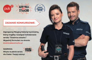 plakat do kampanii promocyjnej DzielnicaBEZstrachu wakacyjne zadanie konkursowe na którym widać dwie osoby kobietę i mężczyznę w mundurach policyjnych