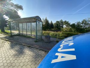 na pierwszym planie zdjęcia jest maska radiowozu z napisem policja w dalszej części widać wiatę przystankową obok niej śmietnik, przed nią zajazd dla autobusów w tle zielone drzewa