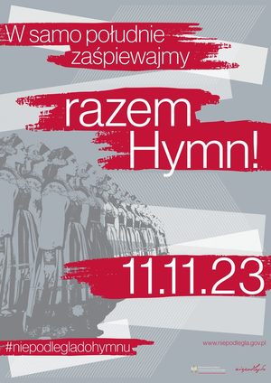 plakat do akcji na której widać na szarym tle kobiety w strojach ludowych i napis na całej stronie w samo południe zaśpiewajmy razem hymn jedenasty jedenasty dwa tysiące dwudziesty trzeci