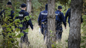 na zdjęciu widać idących po lesie wśród drzew pięciu policjantów