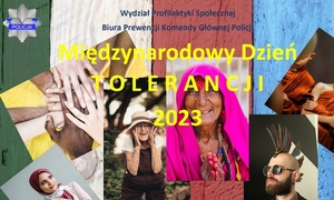 plakat do międzynarodowego dnia tolerancji na środku widniej taki właśnie napis w tle cztery deski w różnych kolorach zielony biały czerwony i niebieski na nich różne  zdjęcia na jednym widać dłonie w różnych kolorach skóry, na drugim starszą kobietę z Indii o ciemnej karnacji z chustą na głowie i koralikami na szyi, na kolejnym mężczyznę z irokezem,  małego mnicha buddyjskiego z Birmy oraz kobietę z Indonezji która ma na głowie chustę