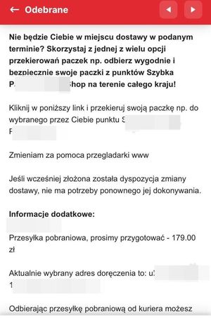 zdjęcie maila którego wysłali oszuści w celu odebrania paczki w której były bezwartościowe rzeczy