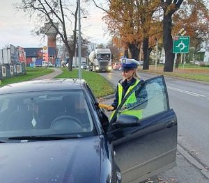 na zdjęciu widać policjantkę która stoi na poboczu jezdni obok samochodu z kierowcą i podaje mu alkomat w który musi on dmuchnąć by sprawdzić jego stan trzeźwości