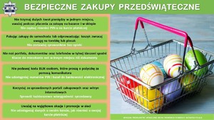 na zdjęciu widać po prawej stronie koszyk metalowy z kolorowymi pisankami a po prawej stronie są świąteczne porady jak ustrzec się przed oszustwami