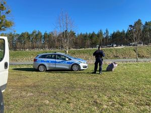 zdjęcie radiowozu zaparkowany na łące porośniętej trawą obok niego stoi policjant a obok policjanta worek z kradzionymi kwiatami w tle widać ulicę i cmentarz