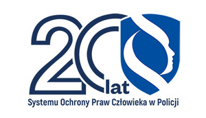 logo do obchodów na plakacie widać cyfrę dwadzieścia rysunek profilu twarzy a pod spodem napis lat systemu ochrony praw człowieka w policji