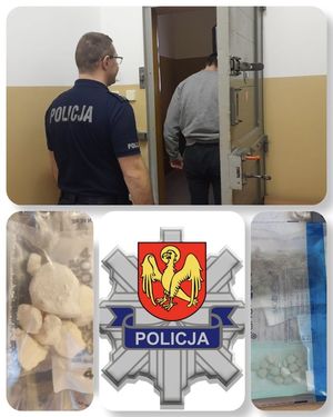na zdjęciu widać policjanta stojącego blisko drzwi do celi w której stoi zatrzymany mężczyzna pozostałe zdjęcia przedstawiają narkotyki zapakowane w plastikowe woreczki