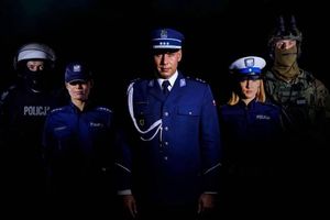 plakat promujący dobór do policji widać na nim pięcioro policjantów w różnym umundurowaniu służbowym