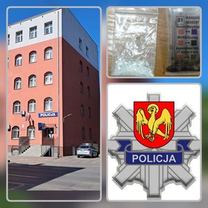 kolaż zdjęć po lewej stronie widać budynek kwidzyńskiej komendy w dole logo a w prawym górnym rogu zdjęcie narkotyków w woreczku
