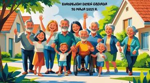 plakat w formie rysunkowej przedstawiający najprawdopodobniej rodzinę i sąsiadów widać na nich młodych i starszych ludzi oraz dzieci mężczyznę na wózku inwalidzkim w tle domy i drzewa wszyscy stoją w grupie obok siebie są radośni i uśmiechnięci