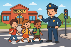 rysunkowe zdjęcie na którym widać szkołę ulicę i przejście dla pieszych po których maszerują dzieci a policjant im macha stojąc obok przejścia