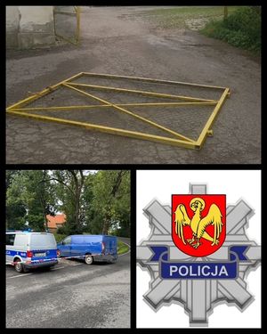 kolaż zdjęcia na którym widać zniszczoną bramę wjazdową leżącą na ziemi kolejne zdjęcie to radiowóz obok którego stoi niebieskie auto na ich tle rozciągnięta jest taśma policyjna kolejne zdjęcie to logo policji z herbem powiatu