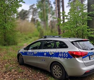 na zdjęciu widać radiowóz w jesiennej scenerii w lesie