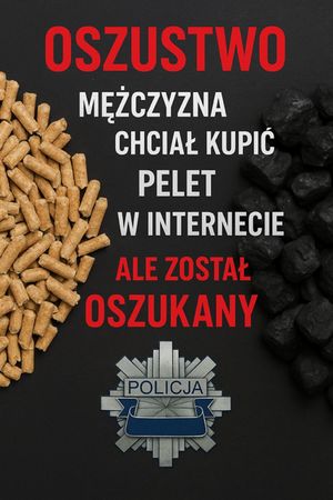 na plakacie napis oszustwo mężczyzna chciał kupić pellet w internecie ale został oszukany plakat w ciemnej kolorystyce po jednej stronie widać kupkę pelletu po drugiej węgla kamiennego na dolej jest odznaka policyjna