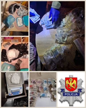 na zdjęciu widać kilka małych zdjęć na których widać białą zbryloną substancję wagi elektroniczne pudełka z narkotykami i dużą ilość gotówki