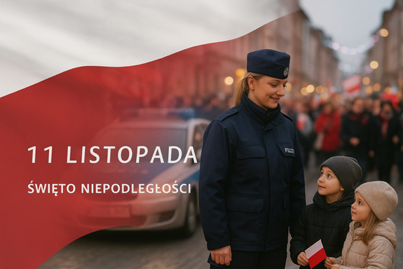 na zdjęciu widać flagę Polski radiowóz policyjny policjantkę  dzieci i innych ludzi w tle widać po obu stronach kamienice a po środku ulicę