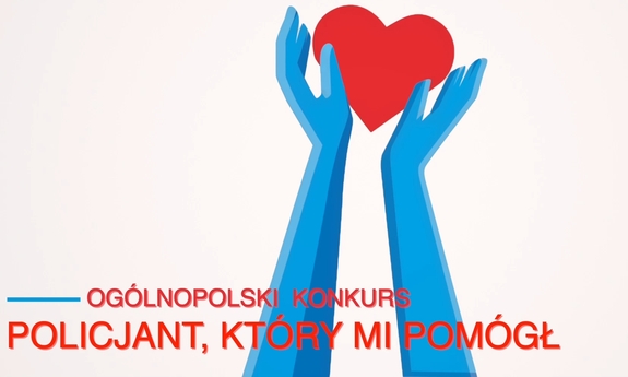 niebieskie dłonie trzymają czerwone serce i napis na dole policjant który mi pomógł