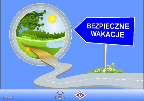 plakat do komunikatu bezpieczne wakacje jest na nim małe okrągłe zdjęcie widoku na którym widać las drogę i jezioro oraz słońce wokół tego obrazka jest ulica która przechodzi na dalszy plan plakatu gdzie dalej przy ulicy stoi znak drogowy z napisem bezpieczne wakacje