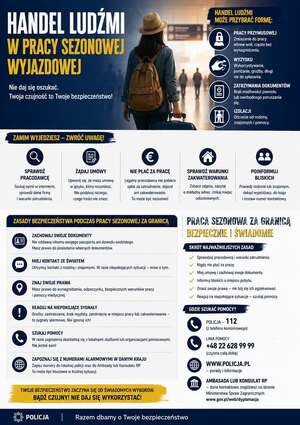 zdjęcie przedstawia spis podstawowych zasad bezpieczeństwa podczas pracy z granicą te same zasady są opisane w komunikacie po środku na górze jest kobieta z plecakiem i walizką z słomianym kapeluszem na głowie