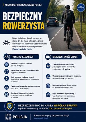W prawym rogu na zdjęciu widać rowerzystę w lewym rogu jest żółty napis bezpieczny rowerzysta na dole są opisane zasady bezpieczeństwa na drodze dla rowerzystów i kierowców przedstawione w komunikacie