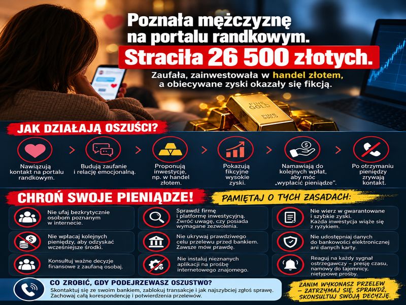 Mieszkanka Prabut straciła 26 500 złotych przez oszustwo inwestycyjne